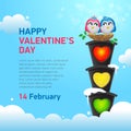 Two enamored birds in a nest at a traffic light on a background of blue sky. Happy valentine`s day banner concept with text space